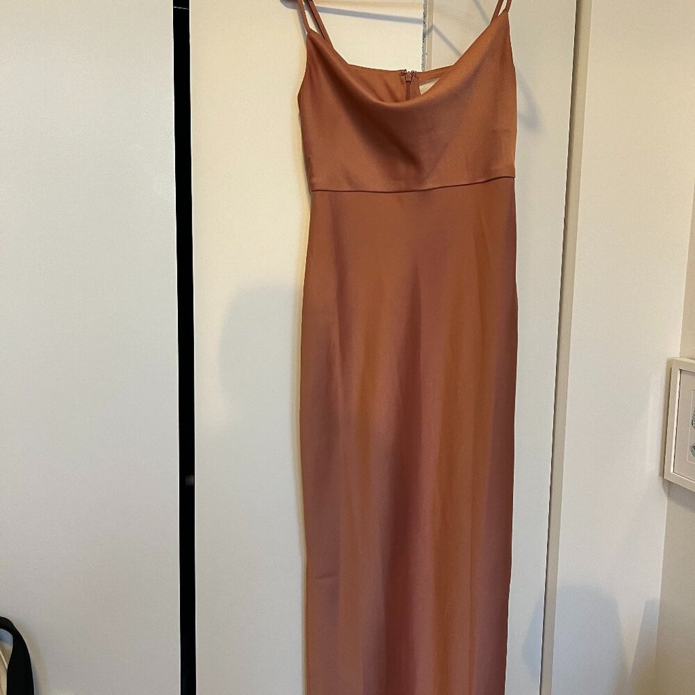 BHLDN CALI SATIN COWL-NECK MIDI SLIP DRESS - SEDONA - SIZE 2